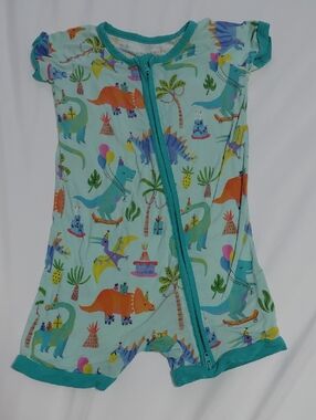 Little Sleepies Teal Short-Sleeve Dino Zip Romper Pajama Set